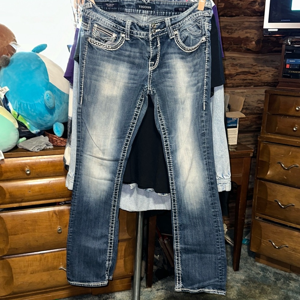 BROKEN ZIPPER SUPER CUTE VIGOSS BLING JEANS THE CHELSEA SLIM BOOT SIZE 9/10 33L
